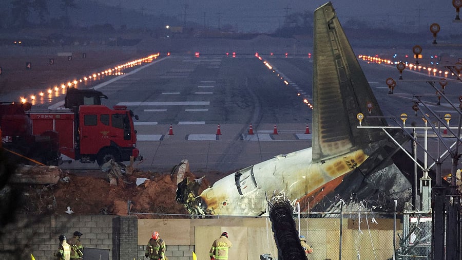 <div class="paragraphs"><p>Rescuers work near the wreckage of the Jeju Air aircraft that went off the runway and crashed at Muan International Airport, in Muan, South Korea, December 30, 2024.</p></div>