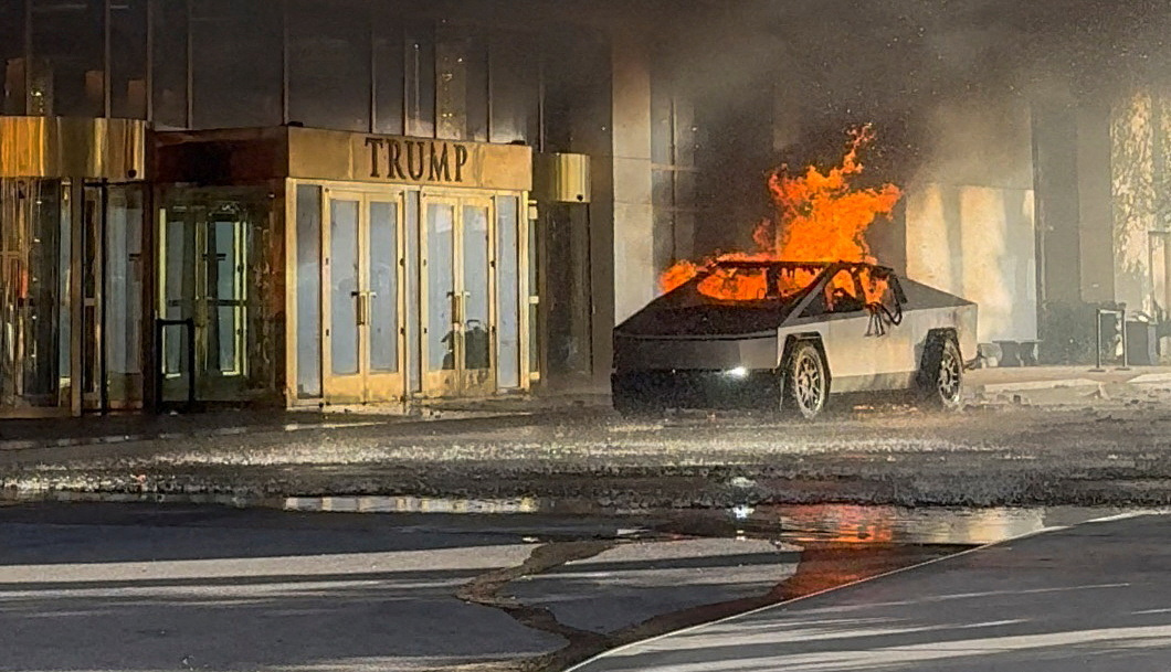 <div class="paragraphs"><p>Flames rise from a Tesla Cybertruck after it exploded outside the Trump International Hotel Las Vegas, in Las Vegas, Nevada, January 1, 2025 in this screengrab taken from a social media video.</p></div>