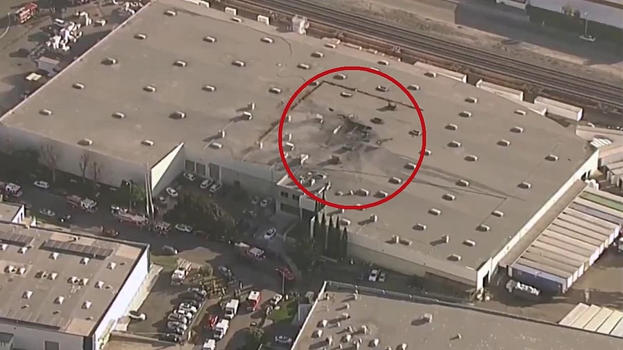 <div class="paragraphs"><p>Screengrab from a video showing the roof of the warehouse through which the plane crashed in California, US, January 3, 2025.</p></div>