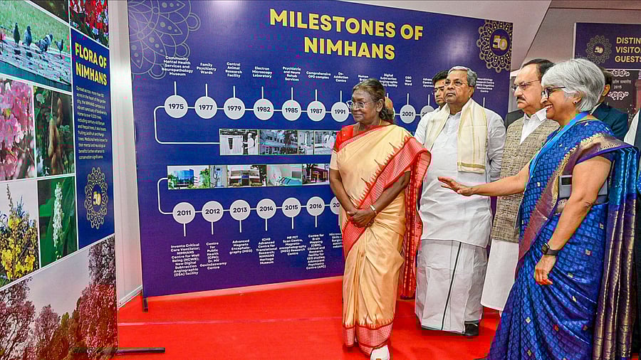 <div class="paragraphs"><p>President Droupadi Murmu with Union Health Minister JP Nadda and Chief Minister Siddaramaiah during the golden jubilee celebrations at Nimhans on Friday. Nimhans Director Dr Pratima Murthy also seen.</p></div>