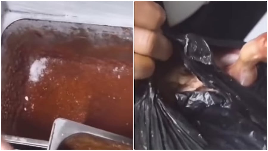 <div class="paragraphs"><p>Screengrab from the video showing meat kept alongside veg food at a Jaipur restaurant.</p></div>