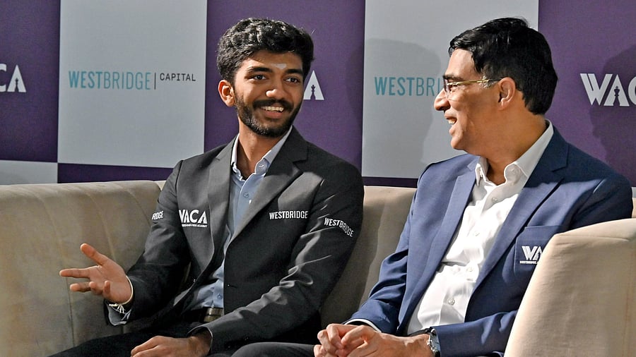 <div class="paragraphs"><p>Newly-crowned chess world champion D Gukesh (left) and Indian chess great Viswanathan Anand interact during an event in Bengaluru on Sunday. </p></div>