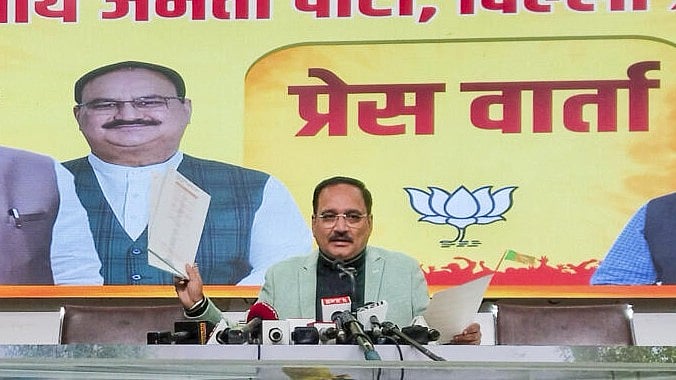 <div class="paragraphs"><p>Delhi BJP President Virendra Sachdeva addresses a press conference</p></div>