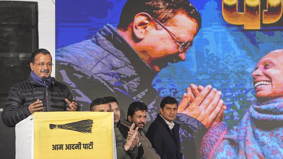 <div class="paragraphs"><p>Aam Aadmi Party (AAP) chief Arvind Kejriwal addresses the gathering during the launch of the party’s campaign song for the upcoming Delhi Assembly elections, in New Delhi.</p></div>