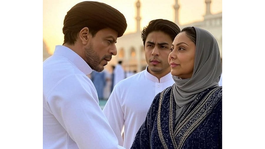 <div class="paragraphs"><p>AI-generated image of Shah Rukh Khand with wife Gauri and son Aryan.</p></div>