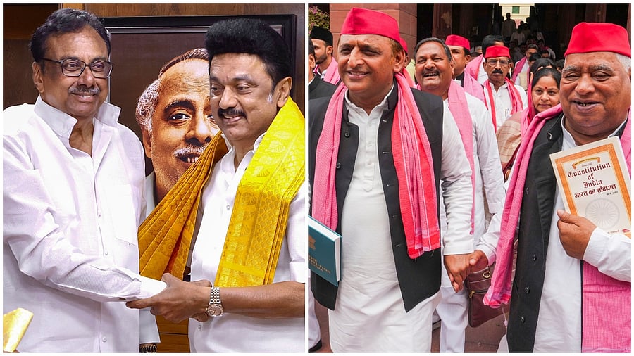 <div class="paragraphs"><p>(L to R): Late EVKS Elangovan seeks blessing from DMK President and Tamil Nadu Chief Minister MK Stalin; Samajwadi Party Chief Akhilesh Yadav with ex-Milkipur MLA Awadhesh Prasad </p></div>