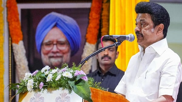 <div class="paragraphs"><p>Tamil Nadu Chief Minister M.K. Stalin speaks during a memorial service for former prime minister Manmohan Singh and senior Congress leader E.V.K.S. Elangovan, in Chennai, Tuesday, Jan. 7, 2025.</p></div>