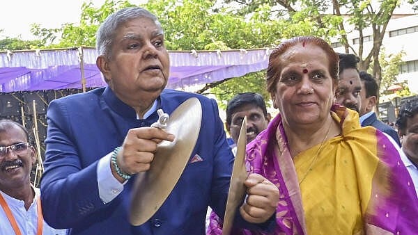 <div class="paragraphs"><p>Vice President Jagdeep Dhankhar with wife Sudesh Dhankhar during a visit to Sri Manjunatha Temple, at Dharmasthala in Dakshina Kannada district, Karnataka.&nbsp;</p></div>