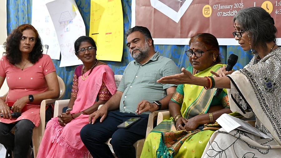 <div class="paragraphs"><p>(From left) Nisha Gulur, human rights activist; Bharati from Solidarity&nbsp;Foundation; Elavarthi Manohar, founder of Sangam; Prabhavati, from Solidarity Foundation; and Madhu Bhushan, founder of Gamana Women’s Collective, at the panel discussion in the city.   </p></div>