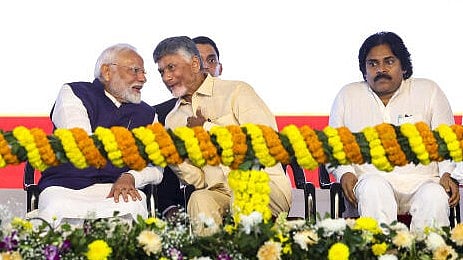 <div class="paragraphs"><p>Prime Minister Narendra Modi with Andhra Pradesh Chief Minister N. Chandrababu Naidu and Deputy Chief Minister Pawan Kalyan during laying of foundation stone and inauguration of development works, in Visakhapatnam, Andhra Pradesh.</p></div>