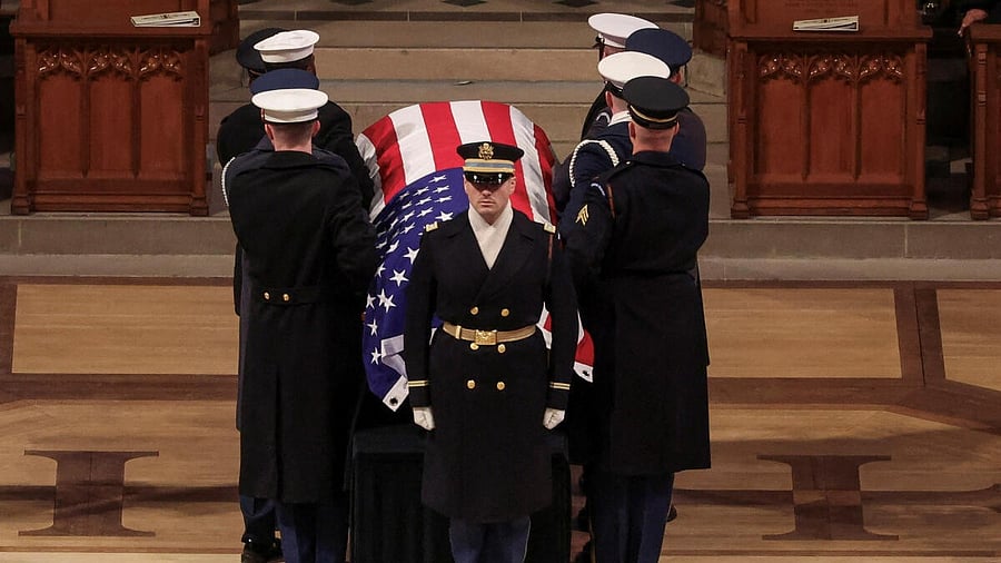 <div class="paragraphs"><p>Soldiers prepare to carry the casket of former US President Jimmy Carter, on the day of his State Funeral, at the Washington National Cathedral in Washington, US, January 9, 2025.</p></div>