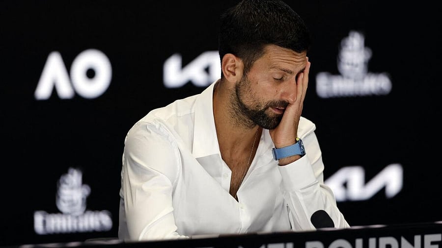 <div class="paragraphs"><p>Novak Djokovic gestures while addressing a press conference in Melbourne ahead of the Australian Open </p></div>