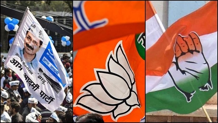 <div class="paragraphs"><p>File images showing the flags of AAP, BJP and Congress parties. </p></div>