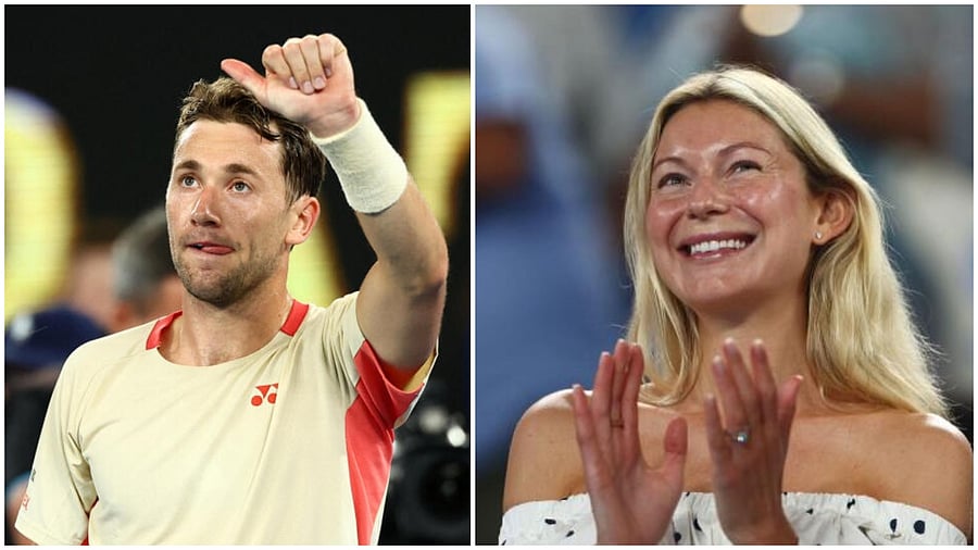 <div class="paragraphs"><p>Norway's Casper Ruud celebrates winning his first round match against Spain's Jaume Munar; Norway's Casper Ruud's girlfriend Maria Galligani applauds after Casper Ruud wins his first round match against Spain's Jaume Munar</p></div>