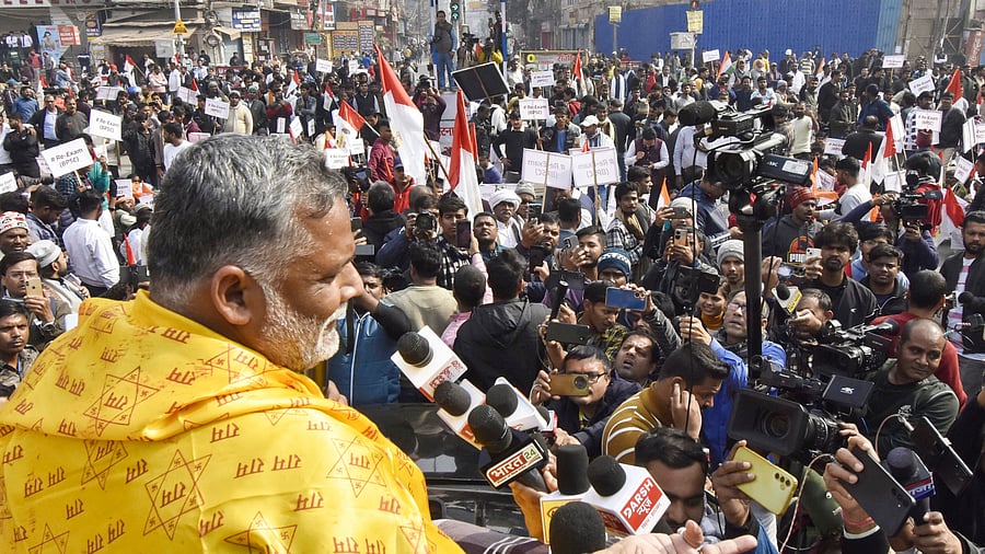 <div class="paragraphs"><p>MP Pappu Yadav speaks with the media at a protest during a 'Bihar Bandh' called by him in support of the students seeking cancellation of the 70th Combined Competitive Examination (CCE) 2024, conducted by the Bihar Public Service Commission (BPSC), in Patna, Sunday, Jan. 12, 2025. </p></div>