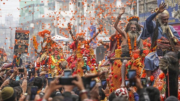 <div class="paragraphs"><p>'Sadhus' of 'Shri Panchayati Akhara Bada Udasin' take part in a procession towards Sangam ahead of Maha Kumbh Mela 2025, in Prayagraj, Sunday. </p></div>