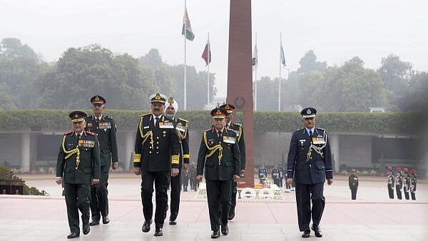 <div class="paragraphs"><p>Chief of Defence Staff General Anil Chauhan, Chief of Army Staff General Upendra Dwivedi, Chief of the Naval Staff Admiral Dinesh K. Tripathi and Vice Chief of Air Staff Air Marshal Sujeet Pushpakar Dharkar after paying tribute at the National War Memorial ahead of the 77th Army Day celebrations, in New Delhi.</p></div>