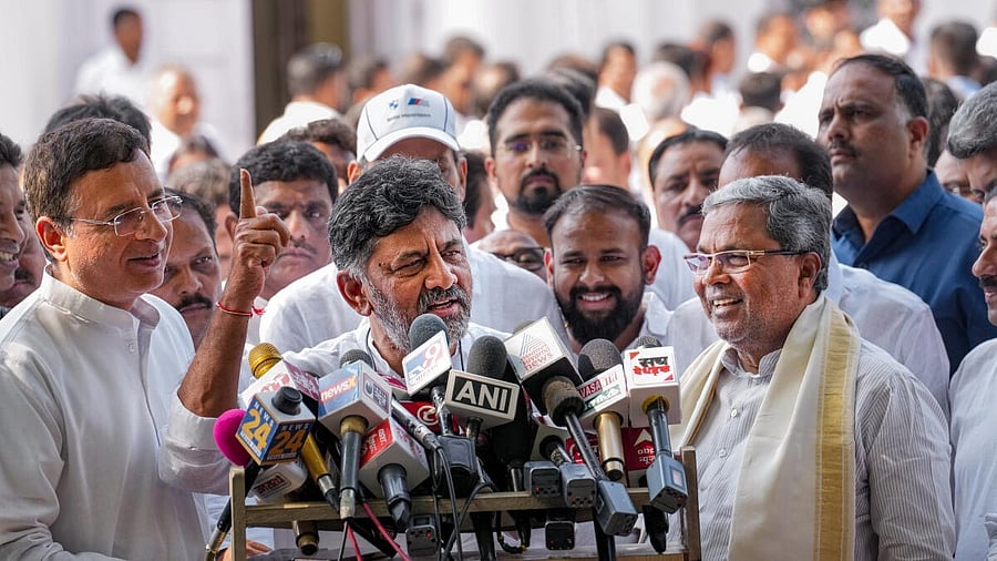 <div class="paragraphs"><p>File photo of&nbsp;Congress General Secretary Randeep Singh Surjewala, CM Siddaramaiah and DyCM DK Shivakumar</p></div>