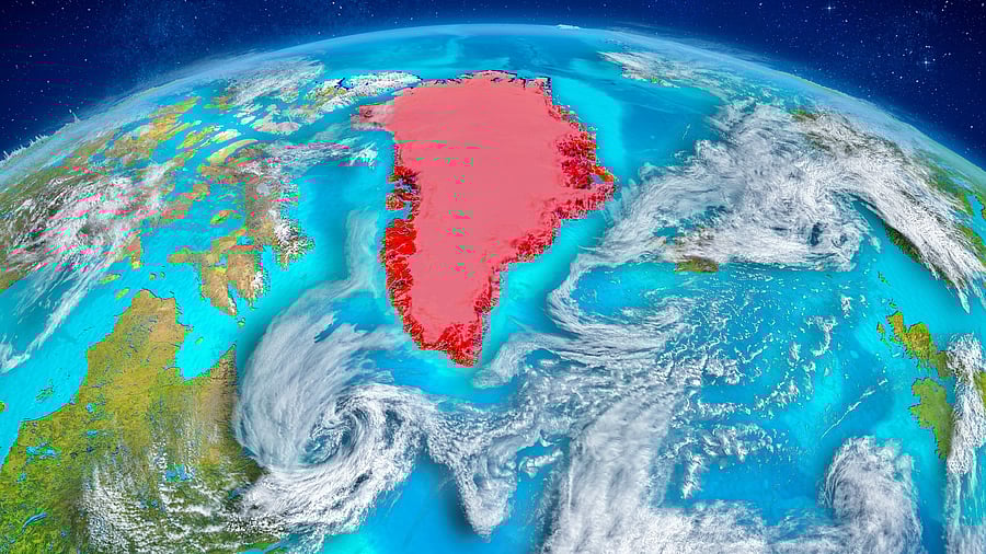 <div class="paragraphs"><p>Greenland is marked in red in this view of Earth</p></div>