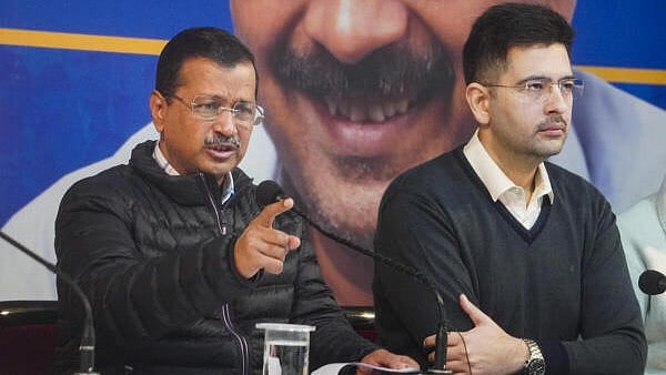 <div class="paragraphs"><p>Former Delhi CM and AAP national convener Arvind Kejriwal with party leader Raghav Chadha addresses a press conference at the party office, in New Delhi, on Monday.</p></div>