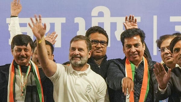<div class="paragraphs"><p>Congress leader Rahul Gandhi during the 'Jai Bapu, Jai Bhim, Jai Samvidhan’ public meeting, in New Delhi, on Monday.</p></div>
