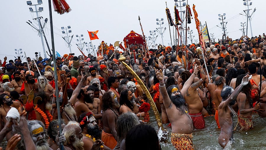 <div class="paragraphs"><p>SENSITIVE MATERIAL. THIS IMAGE MAY OFFEND OR DISTURB:&nbsp; &nbsp; Naga Sadhus  take a holy dip during the "Maha Kumbh Mela", or the Great Pitcher Festival, in Prayagraj, January 14, 2025. </p></div>