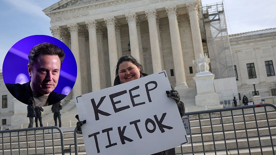 <div class="paragraphs"><p>A person holds a placard on the day justices hear oral arguments in a bid by TikTok and its China-based parent company, ByteDance, to block a law intended to force the sale of the short-video app by Jan. 19 or face a ban on national security grounds, outside the U.S. Supreme Court, in Washington, U.S., January 10, 2025. (Inset: Elon Musk).</p></div>