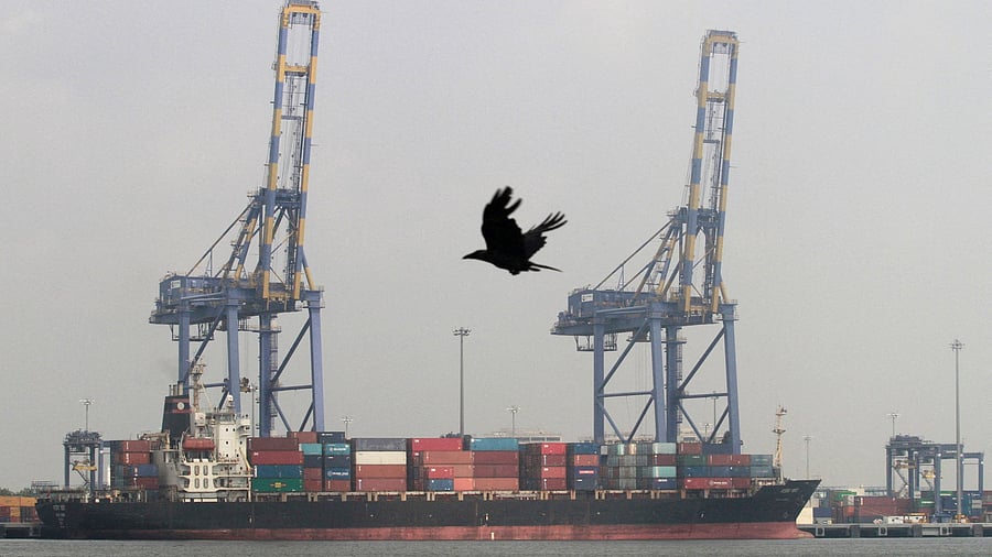 <div class="paragraphs"><p>A crow flies past a container ship docked at a port in Vallarpadam in the southern Indian city of Kochi </p></div>