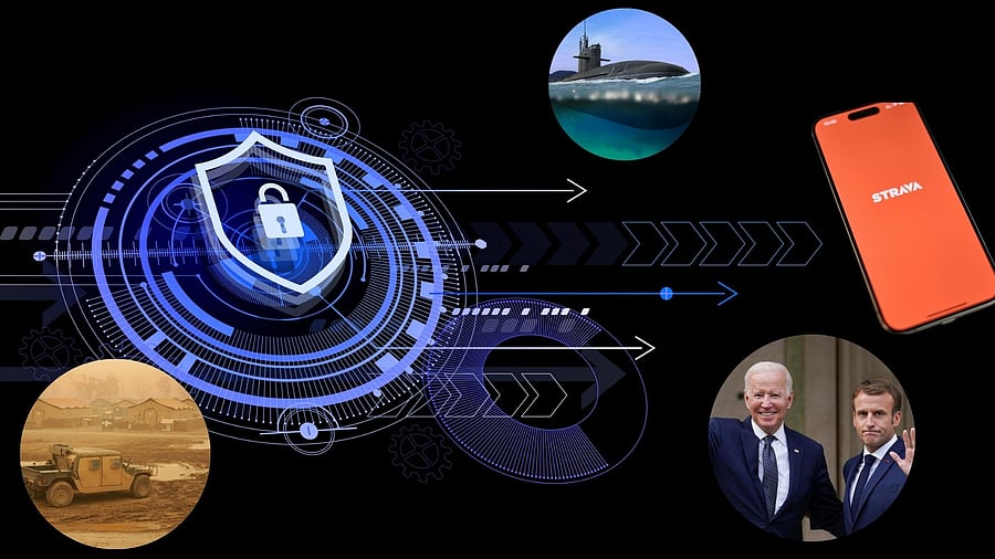 <div class="paragraphs"><p>Illustration showing data security problems of the Strava app with inset images indicating data leak of French nuclear submarines, US military bases abroad, and locations of Joe Biden and Emmanuel Macron</p></div>
