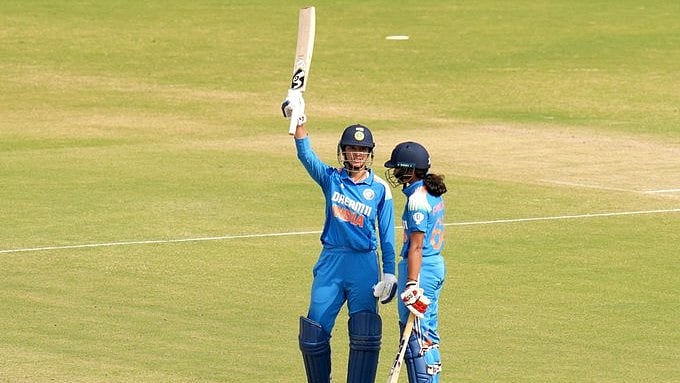 <div class="paragraphs"><p>Smriti Mandhana celebrate after scoring a century.</p></div>