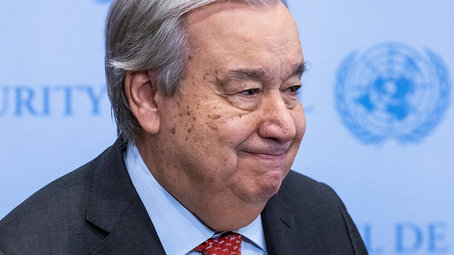 <div class="paragraphs"><p>United Nations Secretary-General Antonio Guterres reacts as he speaks about the Israel and Hamas ceasefire deal outside the Security Council at the United Nations Headquarters in New York City</p></div>