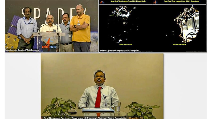 <div class="paragraphs"><p>V Narayanan, Secretary DOS, Chairman Space Commission and Chairman ISRO, congratulates the team ISRO after the Indian Space Research Organisation (ISRO) successfully docked its SpaDeX satellites in space.</p></div>
