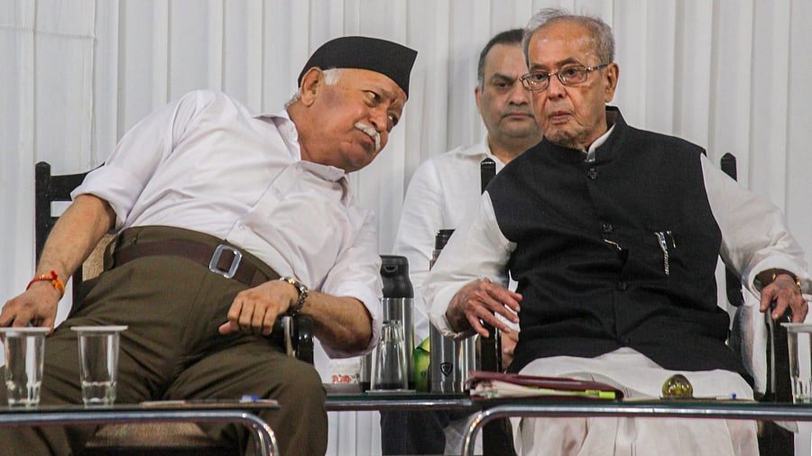 <div class="paragraphs"><p>Former president Pranab Mukherjee with Rashtriya Swayamsevak Sangh (RSS) chief Mohan Bhagwat.</p></div>