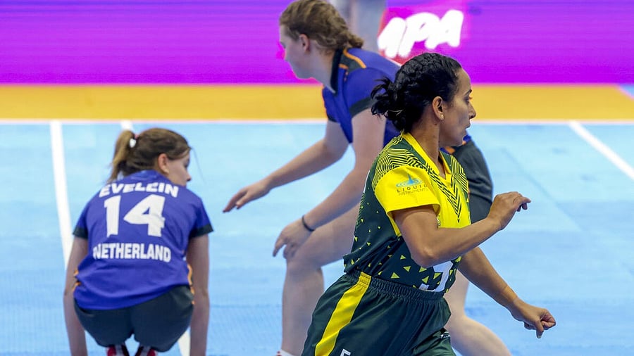 <div class="paragraphs"><p>In this handout image Australian women's Kho Kho team's Indian origin captain Sonam Garg, front, plays a match against Netherlands. Sonam is leading Australia in the ongoing Kho Kho World Cup 2025.</p></div>