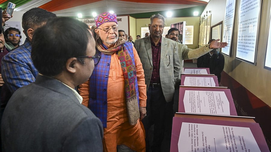 <div class="paragraphs"><p>Uttar Pradesh minister Suresh Kumar Khanna visits the 'Constitution Gallery' at the Maha Kumbh Mela 2025.</p></div>