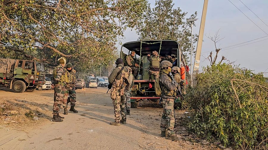 <div class="paragraphs"><p>Security personnel during a search operation after suspicious movement, in Kathua district, Jammu and Kashmir</p></div>