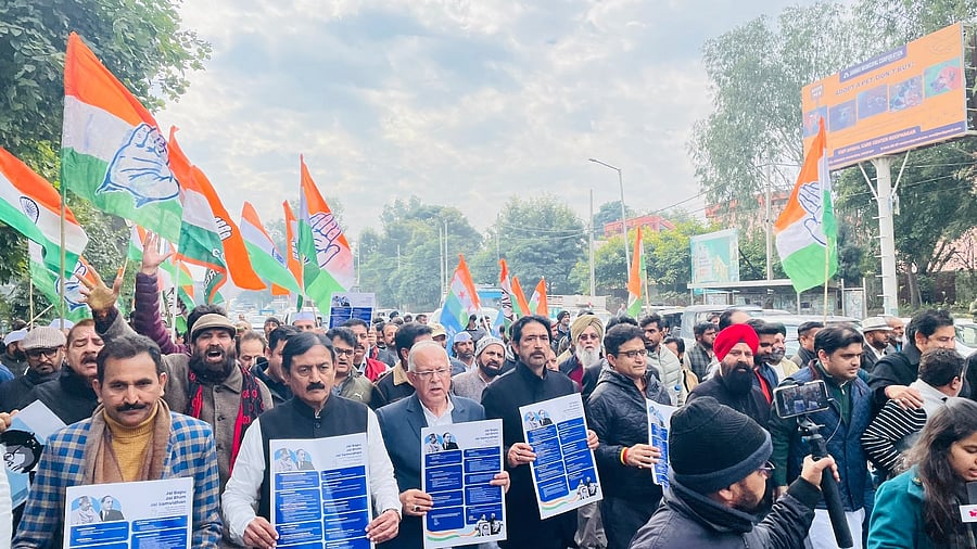 <div class="paragraphs"><p>Congress leaders and workers tsaking part in the 'Samvidhan Bachao Rashtriya Padayatra' march in Jammu on Saturday, January 18, 2015.</p></div>