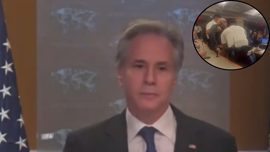 <div class="paragraphs"><p>Outgoing US Secretary of State Antony Blinken during his final conference.&nbsp;</p><p>Inset: San Husseini being  dragged out of the conference room.&nbsp; &nbsp;</p></div>