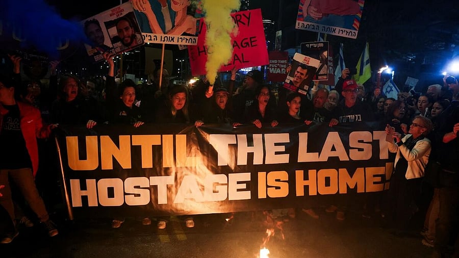 <div class="paragraphs"><p>Families and supporters of the Israeli hostages kidnapped during the deadly October 7, 2023 attack by Hamas attend a demonstration in support of ceasefire deal between Israel and Hamas, the day before it goes into effect, in Tel Aviv, Israel, January 18, 2025.</p></div>