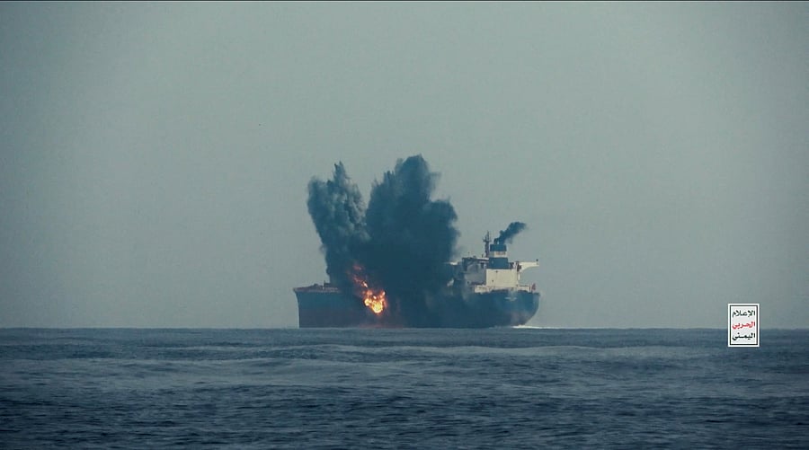<div class="paragraphs"><p>File photo of oil tanker Cordelia Moon bursting into flames after being hit by a missile in the Red Sea. </p></div>