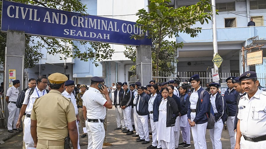 <div class="paragraphs"><p>Police personnel keep vigil outside the Sealdah court where the judgement in the alleged rape and murder of an on-duty doctor at R G Kar Medical College and Hospital is scheduled to be delivered.</p></div>