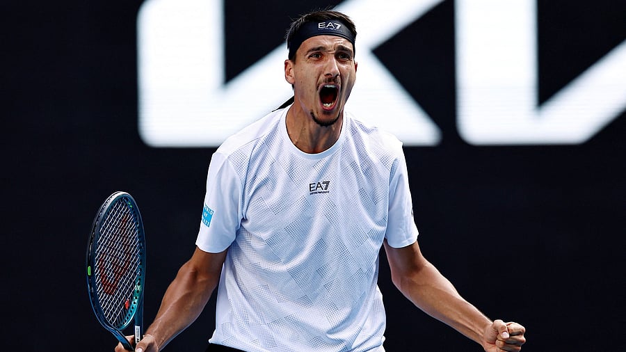 <div class="paragraphs"><p> Italy's Lorenzo Sonego celebrates winning his fourth round match against Learner Tien of the US.</p></div>