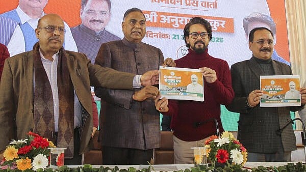 <div class="paragraphs"><p>BJP leaders during the launch of the second part of the party's 'Sankalp Patra' (manifesto) for the upcoming Delhi Assembly elections, in New Delhi, on Tuesday.</p></div>