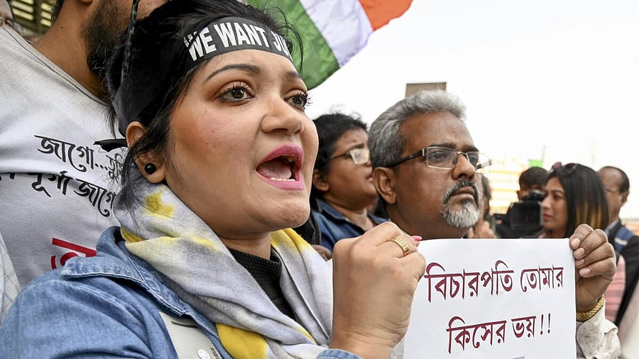 <div class="paragraphs"><p>People stage a protest near the Sealdah court during the pronouncement of sentence in the case of alleged rape and murder of an on-duty doctor at the R G Kar Medical College and Hospital after conviction of accused Sanjay Roy, in Kolkata, Monday, Jan. 20, 2025. Roy was sentenced to life imprisonment until death.</p></div>