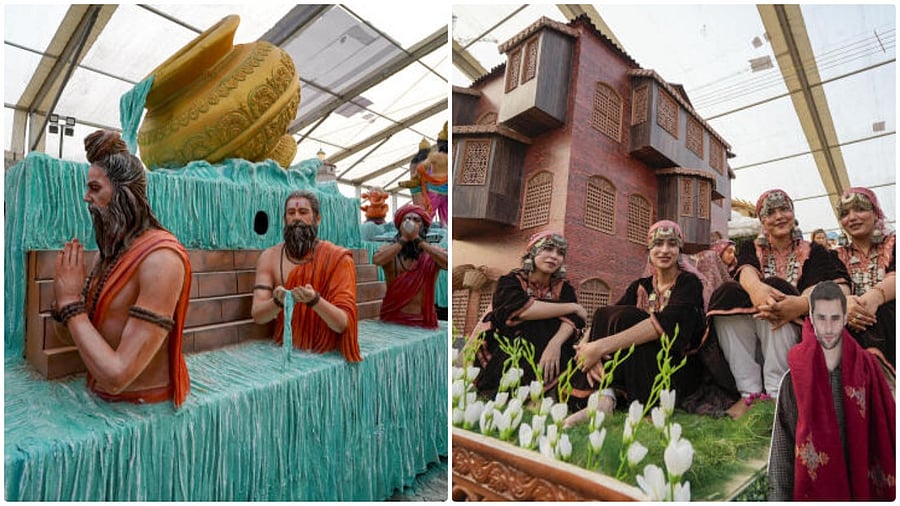 <div class="paragraphs"><p>Uttar Pradesh tableau is seen during a press preview of tableaux participating in the upcoming ‘Republic Day Parade 2025’, at Rashtriya Rangshala Camp, in New Delhi (Left); Artists of Jammu and Kashmir tableau are seen during a press preview of tableaux participating in the upcoming ‘Republic Day Parade 2025’, at Rashtriya Rangshala Camp, in New Delhi (Right).</p></div>