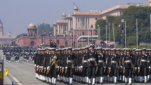 <div class="paragraphs"><p>Indian Coast Guard personnel during rehearsal for the Republic Day parade 2025, at Kartavya Path in New Delhi.</p></div>