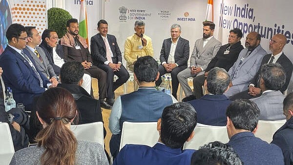 <div class="paragraphs"><p>Union Ministers Ashwini Vaishnaw, K Rammohan Naidu, Chirag Paswan, and C R Patil with Andhra Pradesh Chief Minister N Chandrababu Naidu and Maharashtra Chief Minister Devendra Fadnavis during a press conference at the World Economic Forum 2025, in Davos, Switzerland, Thursday, Jan. 23, 2025.</p></div>