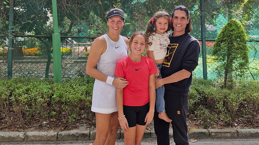 <div class="paragraphs"><p>(From left) Germany's Tatjana Maria with her daughters - Charlotte and Cecilia - and husband Charles Maria at the KSLTA courts on Thursday. </p></div>