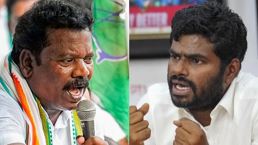 <div class="paragraphs"><p>TNCC president K Selvaperunthagai (L) and BJP Tamil Nadu chief K Annamalai.</p></div>