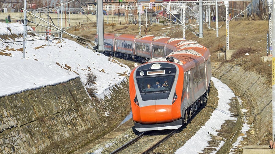 <div class="paragraphs"><p>The specially-designed Vande Bharat Express train crosses the Pir Panjal Railway Tunnel during a trial run, entering the Kashmir Valley, in Qazigund.&nbsp;</p></div>
